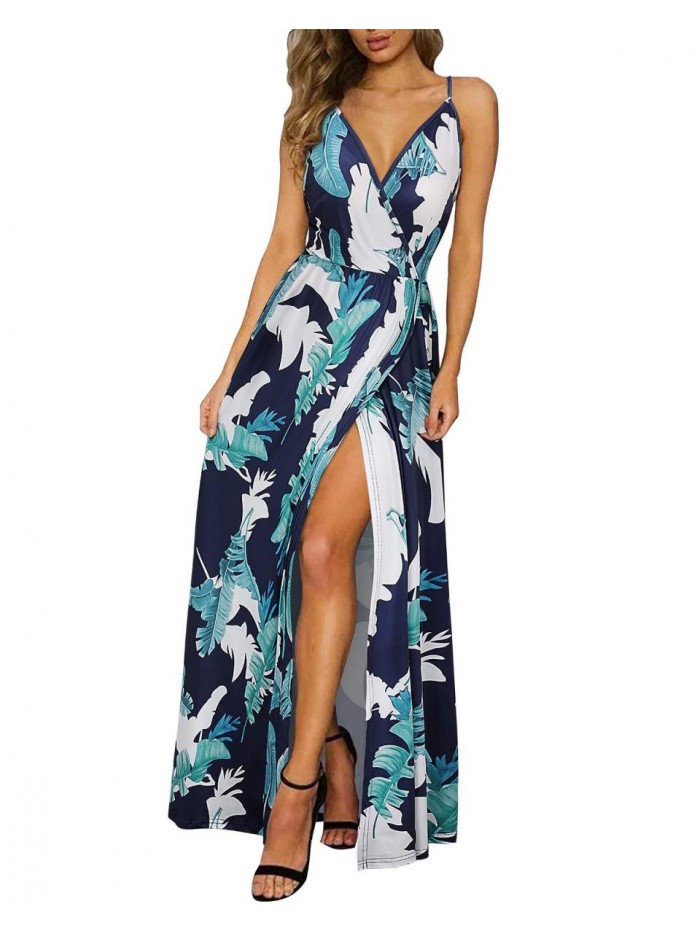 II ININ Women's Deep V-Neck Casual Dress Summer Backless Floral Print/Solid Split Maxi Dress for Beach Party
