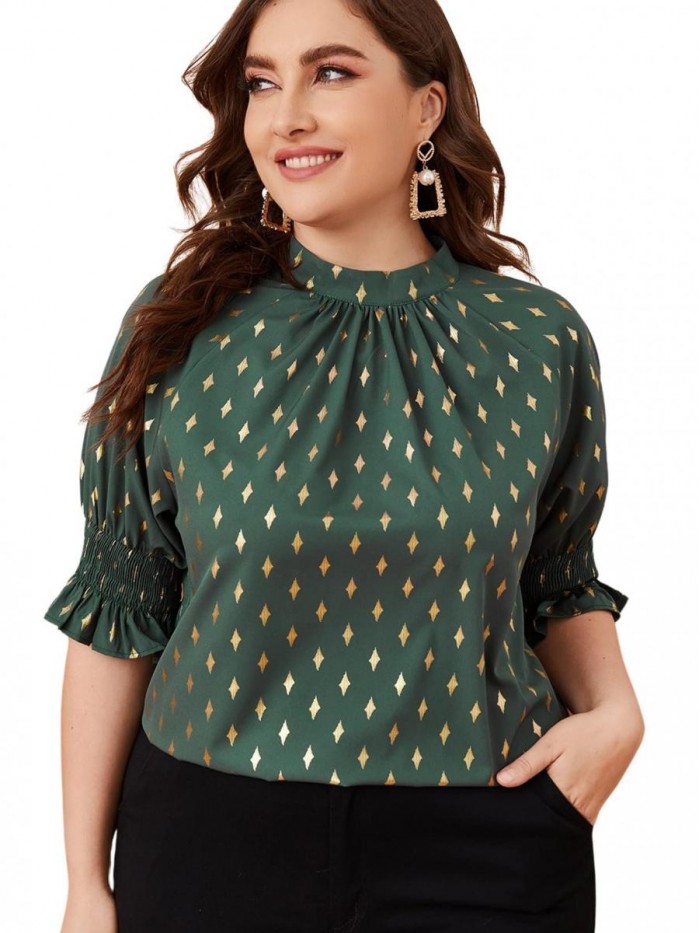 Women's Plus Size Pleated Mock Neck Puff Sleeve Work Office Blouse Tops 