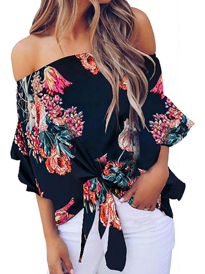 Womens Off The Shoulder Tops 3 4 Flare Sleeve Floral Print Chiffon Blouse Shirts 