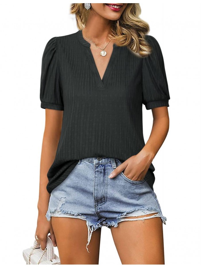 Women's Puff Short Sleeve Blouse V Neck Summer Top Casual T-Shirt Tunic 