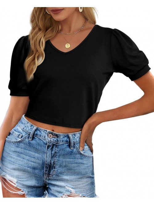 Crop Tops for Women Puff Sleeve V Neck T Shirts S-...