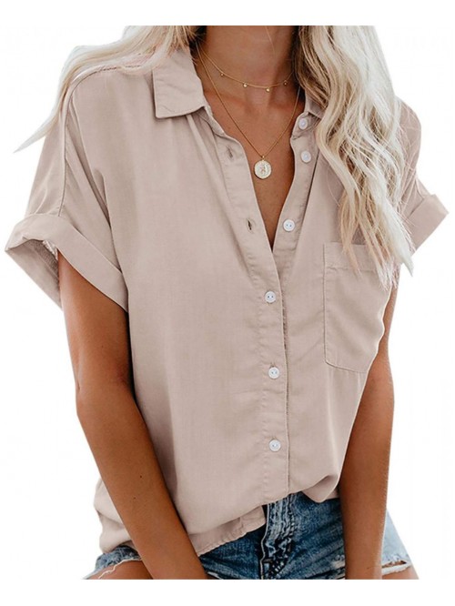 Womens Short Sleeve Shirts V Neck Collared Button ...