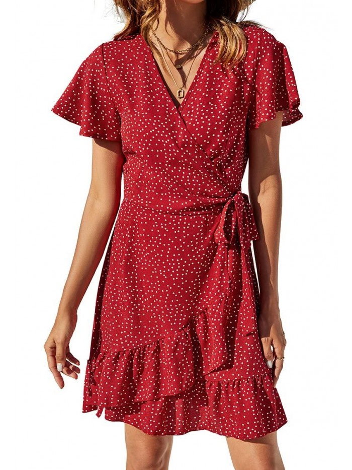 Women's Summer Wrap V Neck Polka Dot Print Ruffle Short Sleeve Mini Floral Dress with Belt 