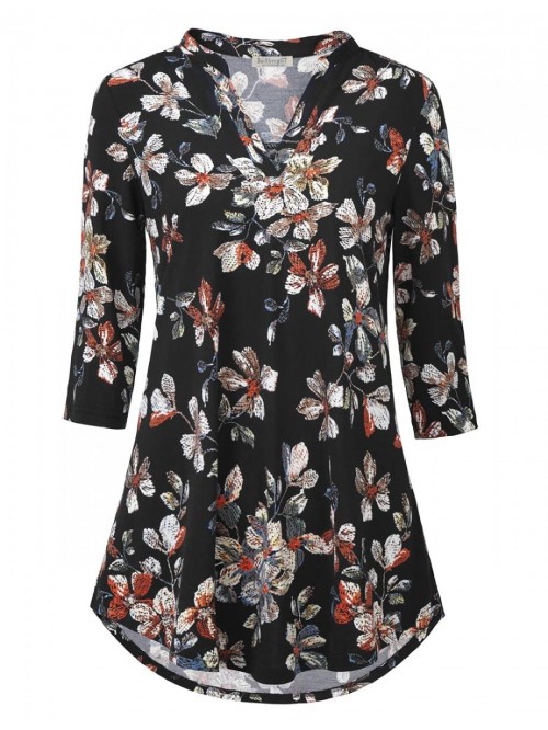 Womens 3/4 Sleeve Floral Printed Notch V Neck Blou...