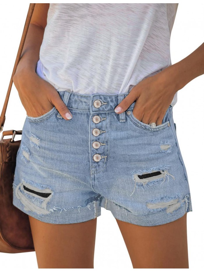 Women Summer High Waisted Sewn Cuffed Hem Buttons Denim Jean Shorts 
