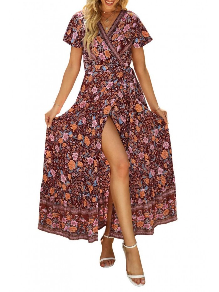 Women's Bohemian Floral Printed Wrap V Neck Short Sleeve Split Beach Party Maxi Dress 
