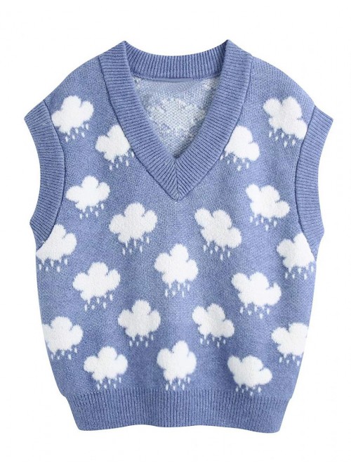 Womens Cloud Print Knit V Neck Sleeveless Pullover...