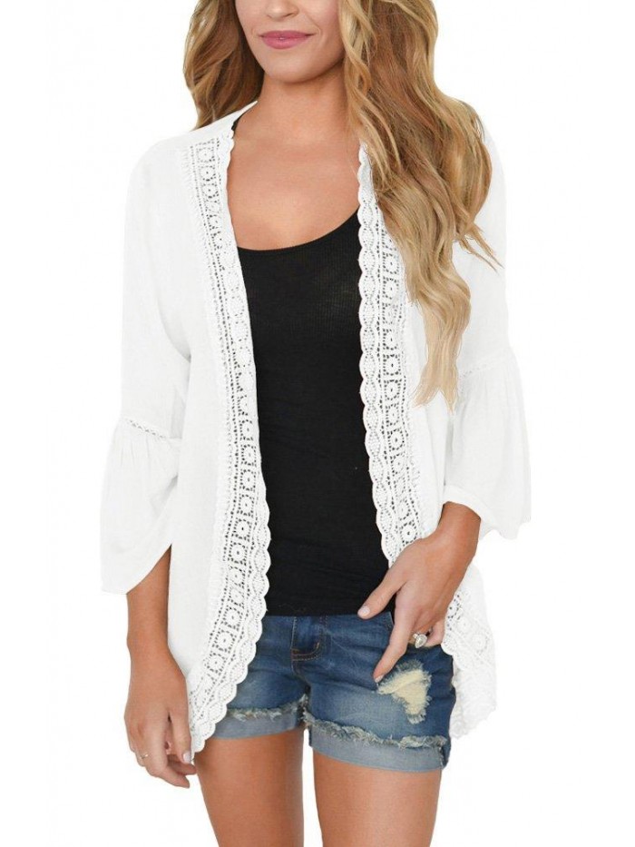 Women's Summer Kimono Cardigans Ruffle Bell Sleeve Sweaters Lace Cover Up Loose Blouse Tops 
