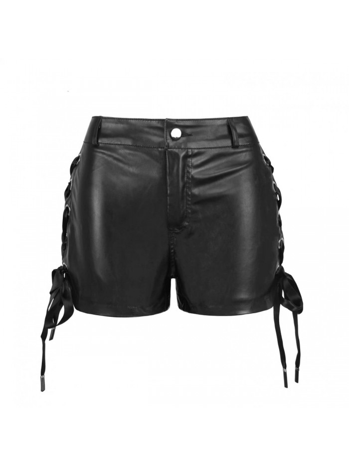 Womens Casual Faux Leather Shorts High Waisted Leather Shorts Side Drawstring Faux Leather Shorts 