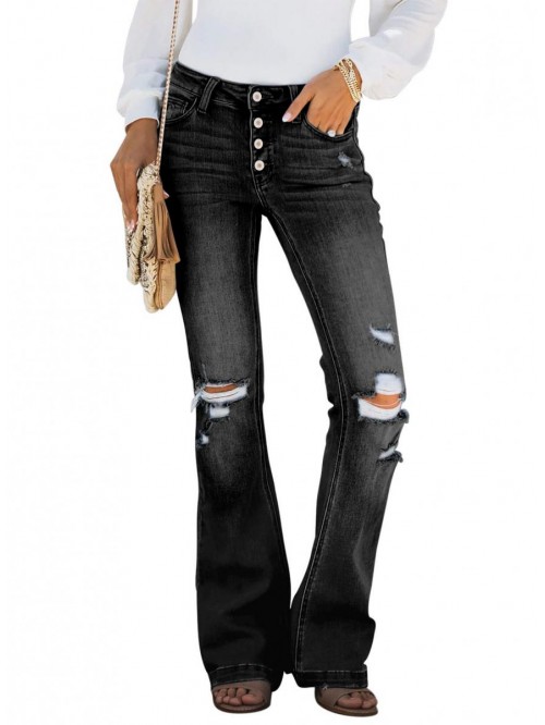 Women Ripped Flare Jeans Mid Rise Fitted Denim Pan...