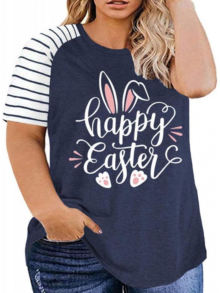 Size Happy Easter T-Shirt for Women Bunny Rabbit Graphic Tees Funny Letter Print Short Sleeve Shirts Tops 
