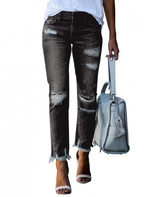 Women Patchwork Destroyed Raw Hem Jeans Ripped Hol...