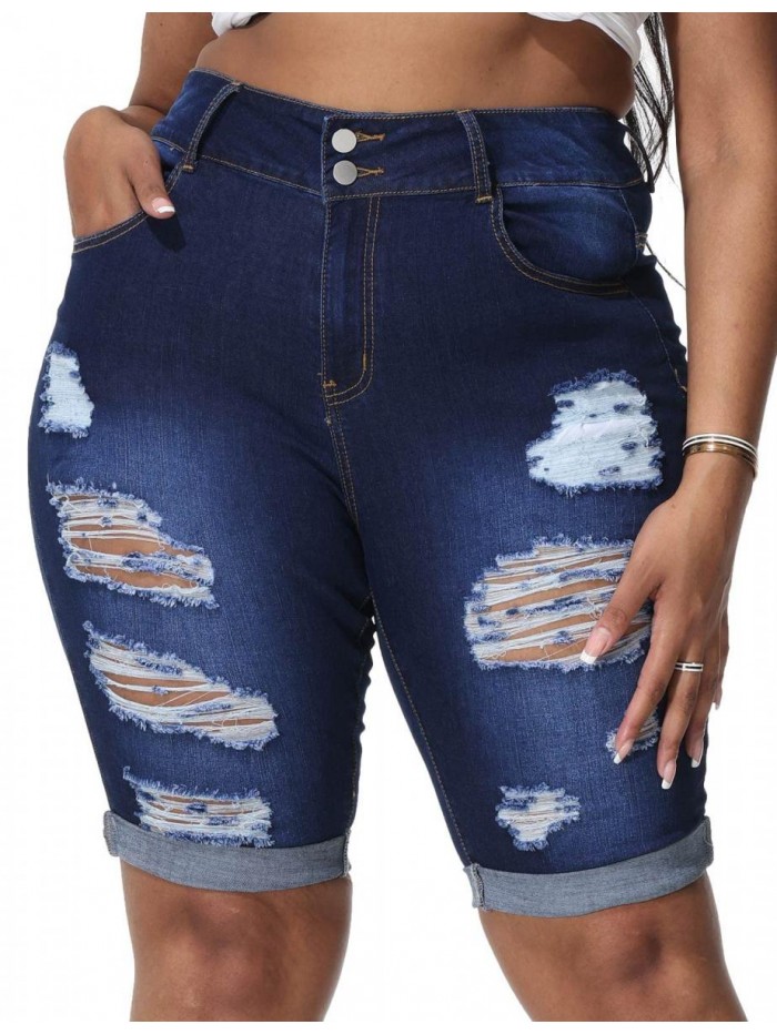 Plus Size Jean Shorts Women Denim Bermuda High Waist Distressed Knee Length Short Jeans 