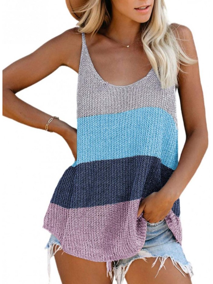 Women's Knitted Color Block Cami Tank Top Sleeveless Scoop Neck Solid Shirts 