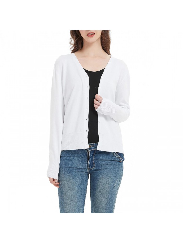 V Neck Long Sleeve Soft Cotton Knit Open Front Button Down Cardigan Sweater 