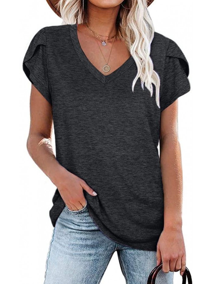 Womens Petal Sleeve Tops V Neck Short Sleeve Shirts Summer Casual Loose Solid Color Basic Tunic Tshirt 