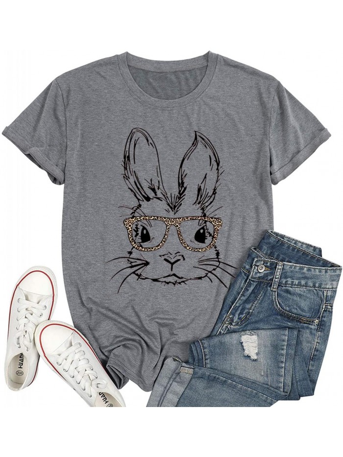 with Leopard Glasses T-Shirt for Women Cute Easter Bunny Graphic Tees Casual Short Sleeve Shirts Tops 