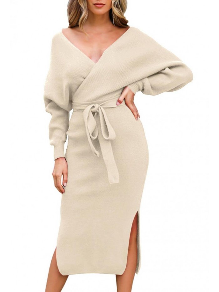Women's Elegant V Neck Wrap Knit Dresses Batwing Sleeve Backless Slit Maxi Dress with Belted 