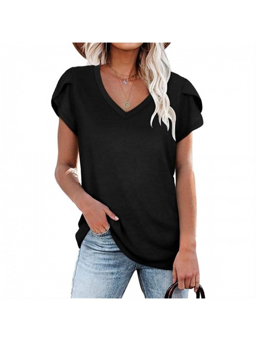 Casual Petal Sleeve Top Loose V-Neck Solid Color S...
