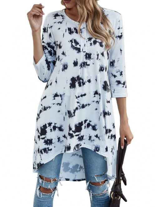 Women's 3/4 Sleeve Button V Neck High Low Loose Fi...