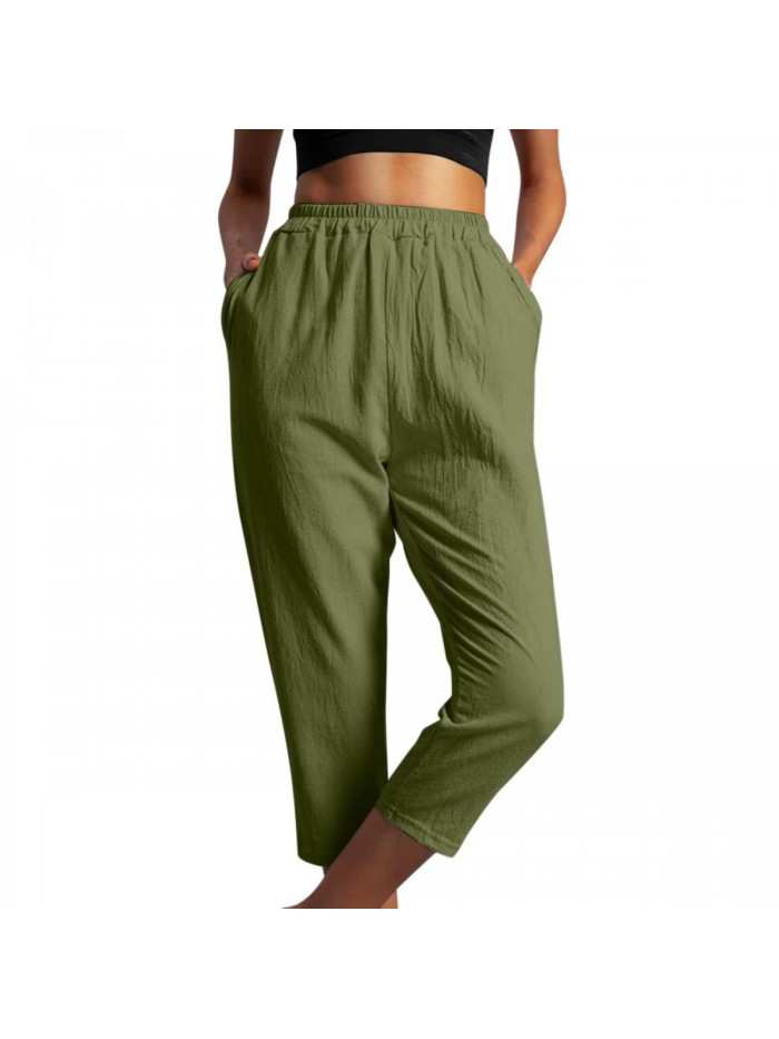 Size Linen Pants for Women Casual Summer Loose Straight Wide Leg Ankle Length Lounge Pants Cropped Trousers with Pockets 