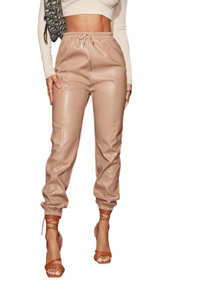 Women's Drawstring High Waisted Cropped Tapered Pu Leather Pants 