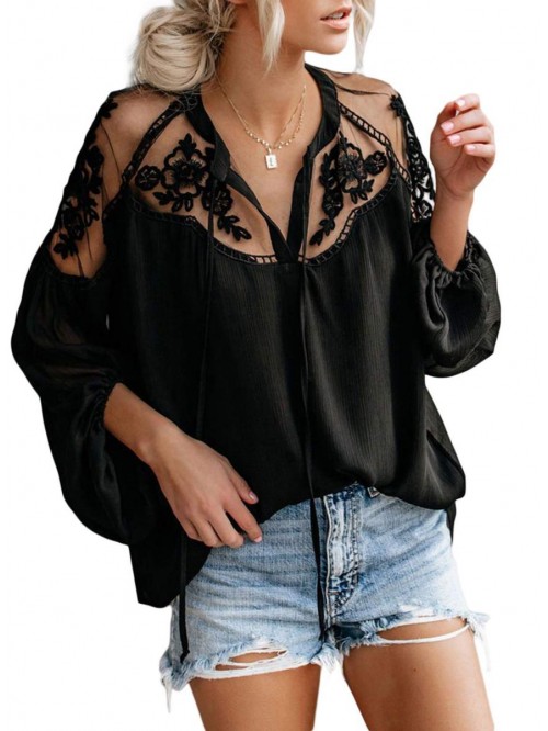 Womens V Neck Crochet Lace Tops Casual Loose Puff ...