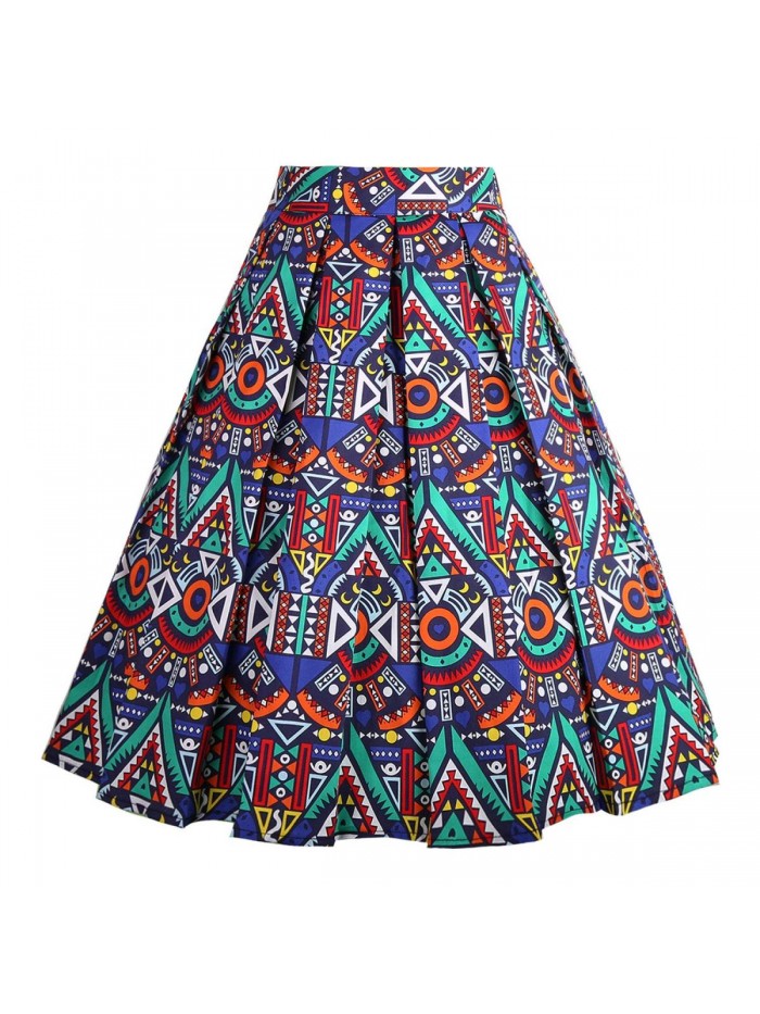 Women's Vintage A-line Printed Pleated Flared Midi Skirts 