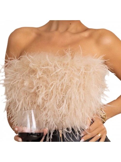 Women Artificial Fur Feather Vest Top Strapless Fl...