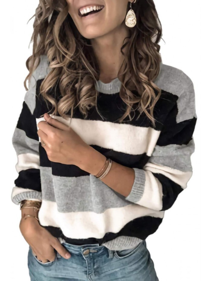 Women's Sweaters Casual Long Sleeve Crewneck Color Block Patchwork Pullover Knit Sweater Tops 