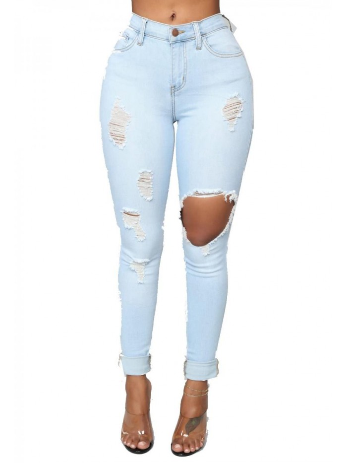 Women's Ripped Skinny Jeans Stretch Mid Rise Denim Pants 