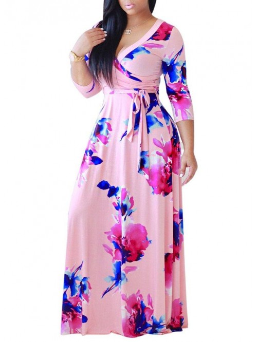 Womens Casual V-Neck Floral Print Long Maxi Flowy ...