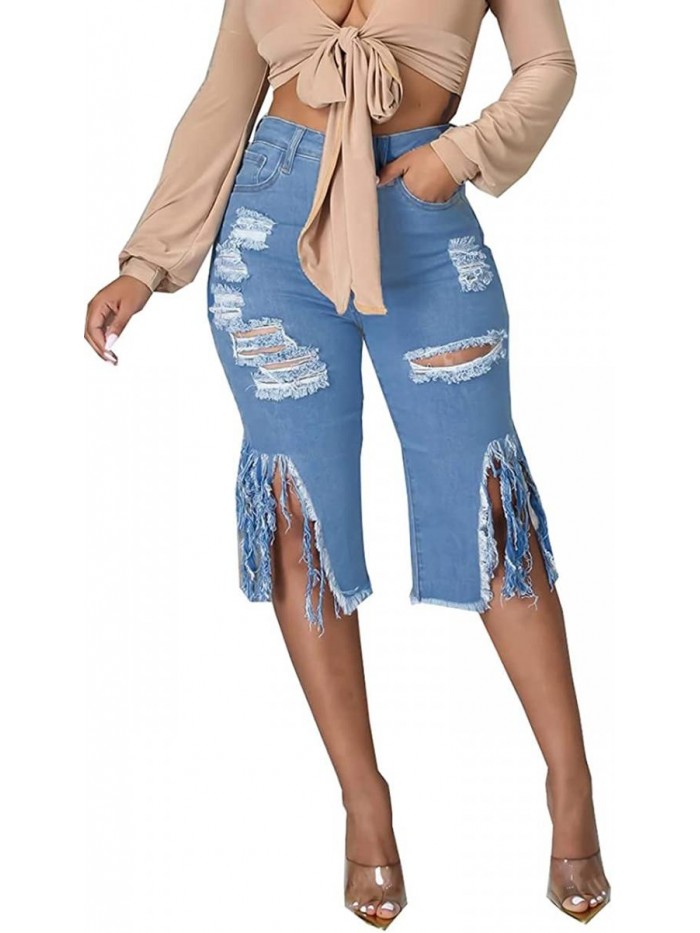 Women's Ripped Denim Shorts Destroyed Knee Length Stretch Mid Rise Stretchy Bermuda Jeans Shorts 