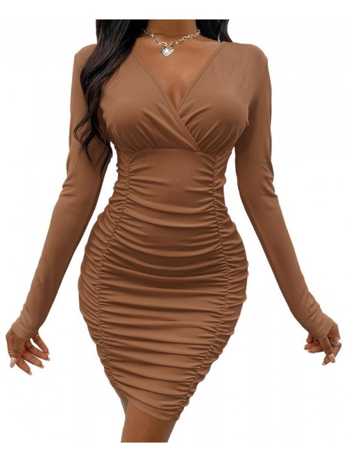 Lachmose Women Long Sleeve Bodycon Ruched Short Dr...
