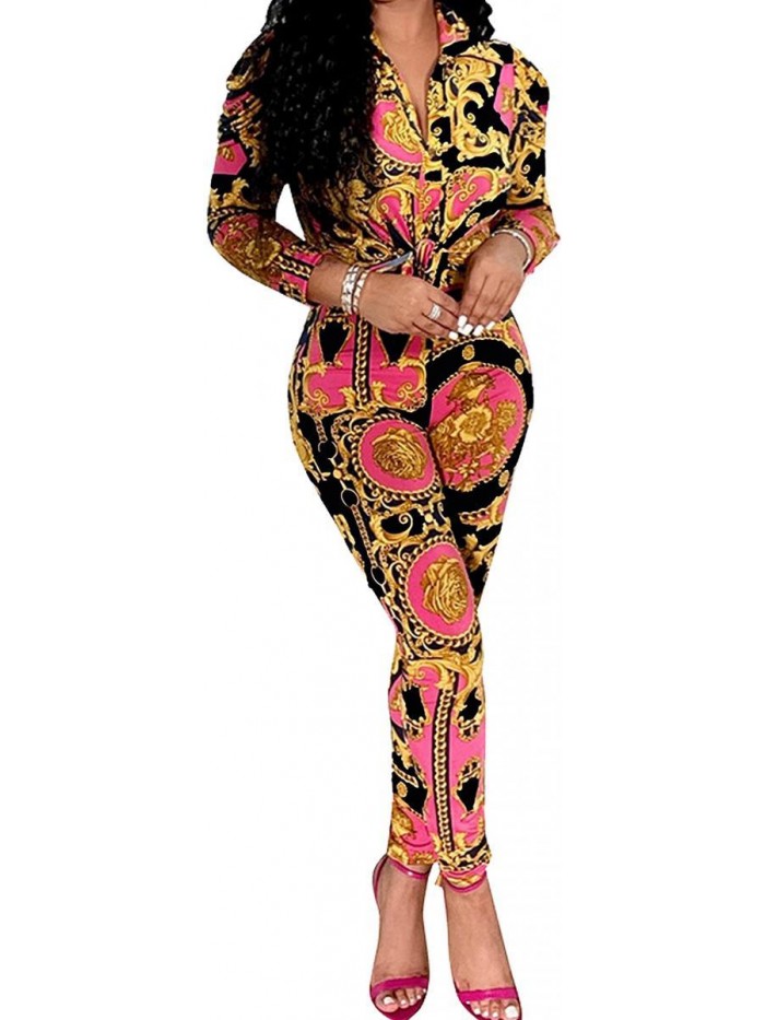 2 Piece Outfits for Women Jumpsuits Floral Print Long Sleeve ClubNight Two Piece Outfits for Party 