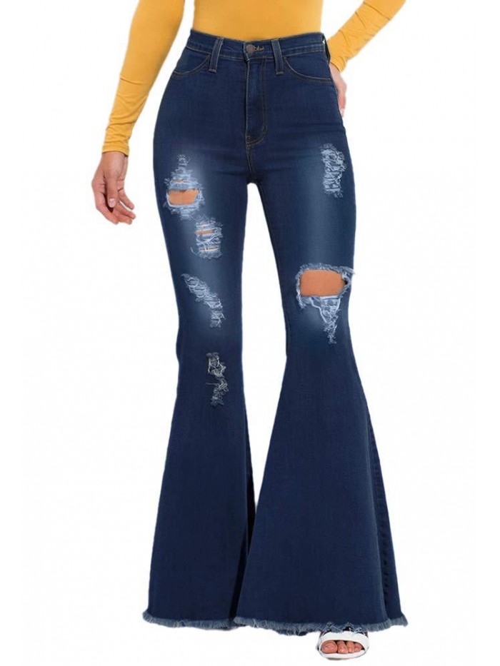 Women Ripped Flare Jeans High Waist Bell Bottom Cowgirl Denim Jean Pants 
