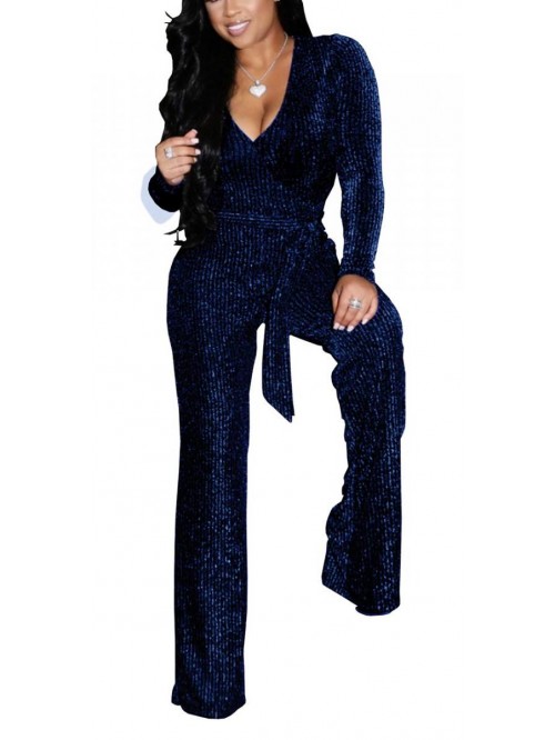 Women Casual Sexy Sequin Jumpsuits V Neck Long Sle...