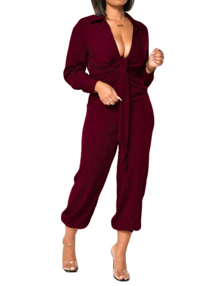 Women's Elegant Jumpsuit Sexy Long Sleeve Straight Trousers Belted Wide Leg Pant Business Romper