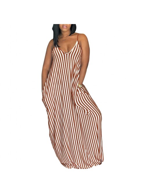 Casual Stripe Long Maxi Dresses with Pockets Spagh...