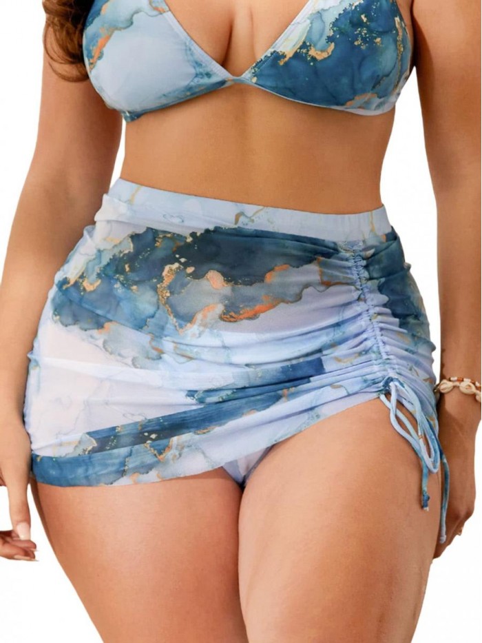 Women's Plus Marble High Cut Thong Bikini Bottom and Mesh Drawstring Beach Skirt Set Bathing Suit 