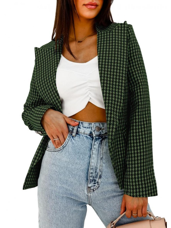 Women's Long Sleeve Plaid Blazers Houndstooth Open Front Lapel Collar Jackets with Pockets 