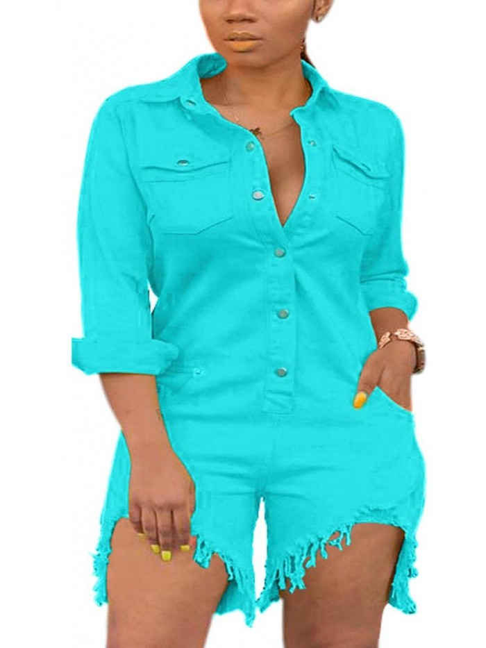 Sexy Denim Jumpsuit for Women Casual Long Sleeve Jean Pants Rompers with Zipper Pockets