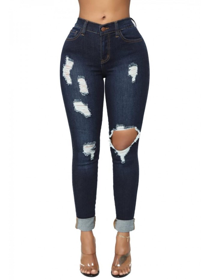 Women's Skinny Jeans Ripped Mid Rise Stretch Destroyed Denim Pants Jeans 