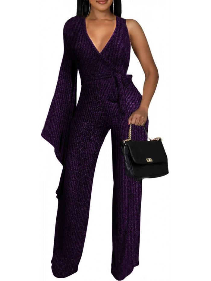 Elegant Sparkly Jumpsuit for Women Clubwear Sexy V-Neck Long Sleeve Jumpsuit Long Straight Pants with Belt