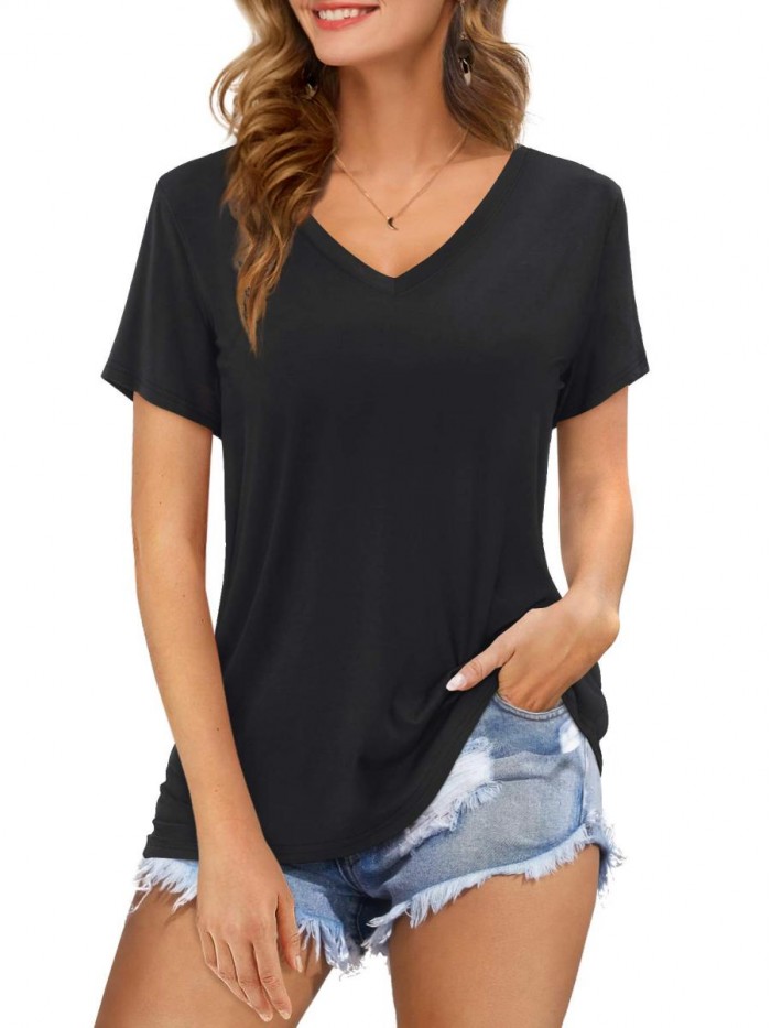 Womens Tshirts V Neck Short/Long Sleeve Tops Tee Solid Color Blouse 