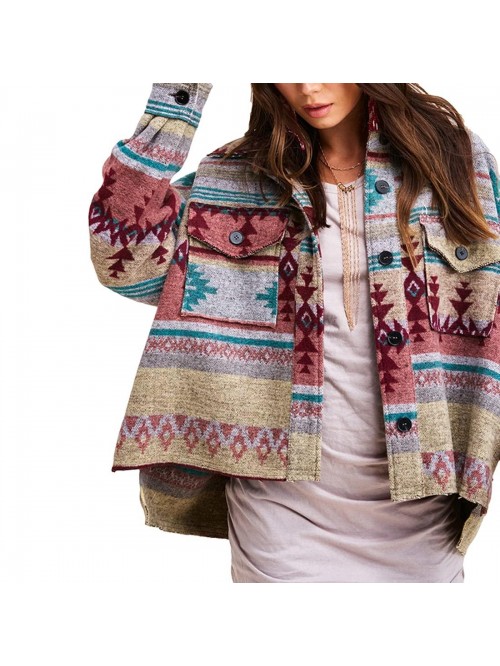 Womens Aztec Print Shacket Vintage Fringed Wool Bl...