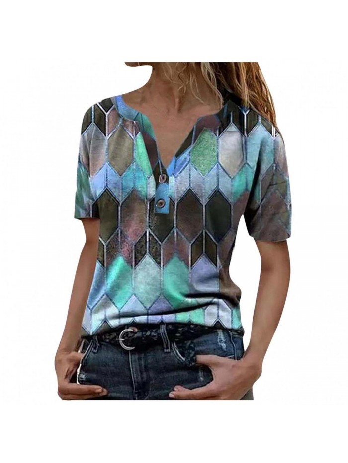 for Women Business, Women V Neck Tees Geometric Print Henley Shirts Fashion Button Down Blouse Tops 