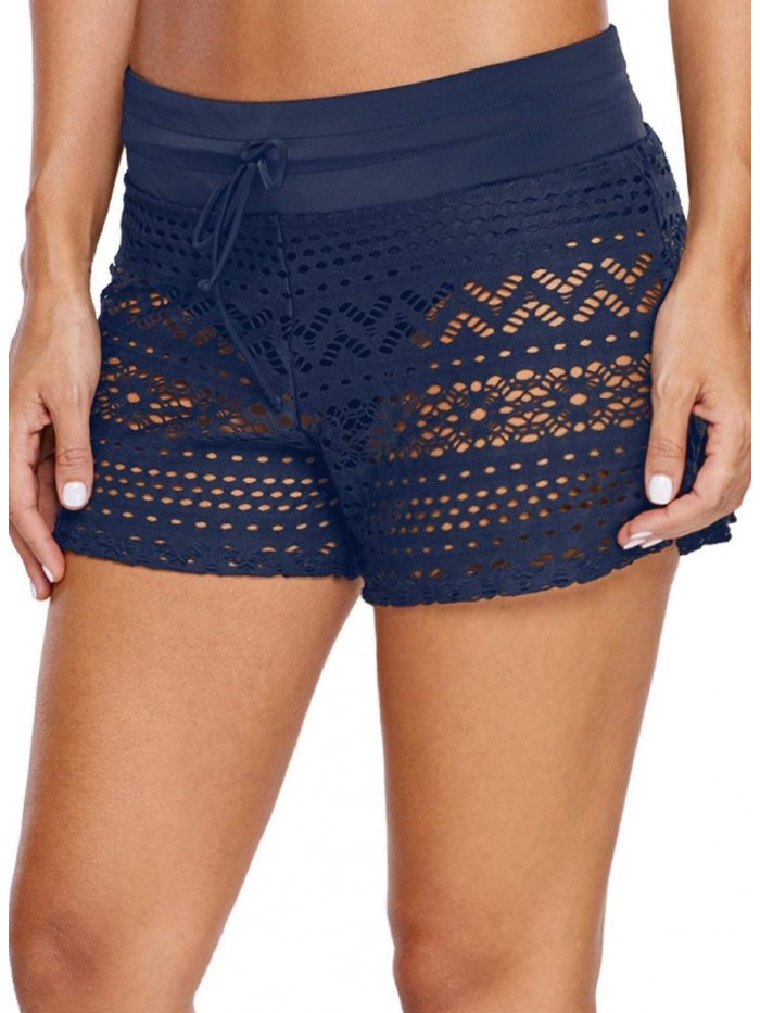 Womens Hollow Out Lace Swimsuit Bottoms Solid Stretch Swimwear Shorts Waistband Side Slit Swim Boardshorts 