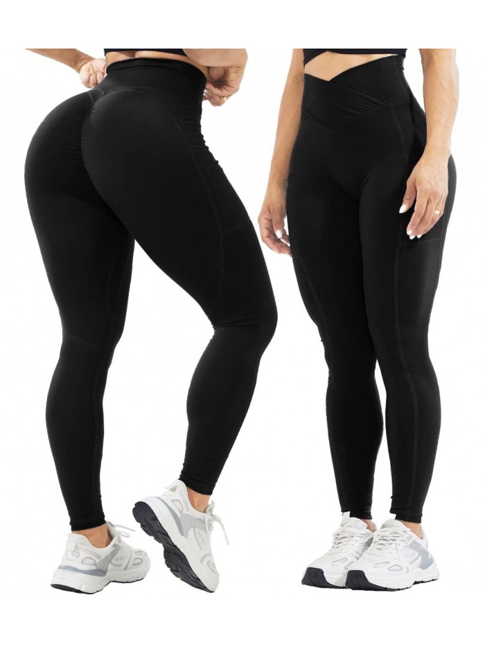 Women's High Waisted V Cross Over Leggings with Pockets Sexy Gym Booty Scrunch Yoga Pants Butt Lifting Workout Clothes 