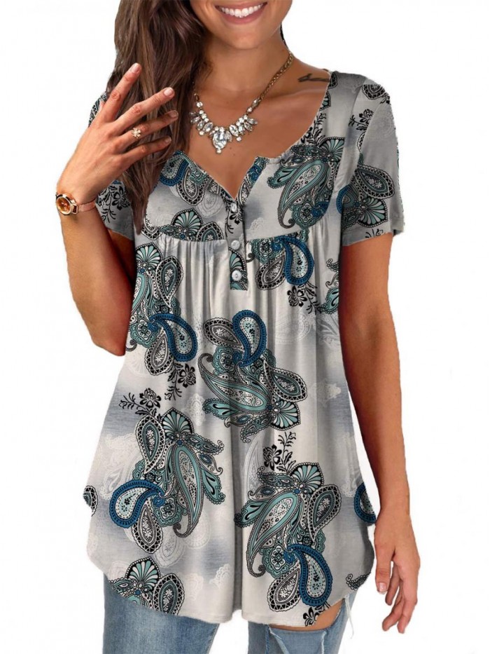 Womens Summer Plus Size Tunic Tops Short Sleeve Blouses Casual Floral Henley Shirts 